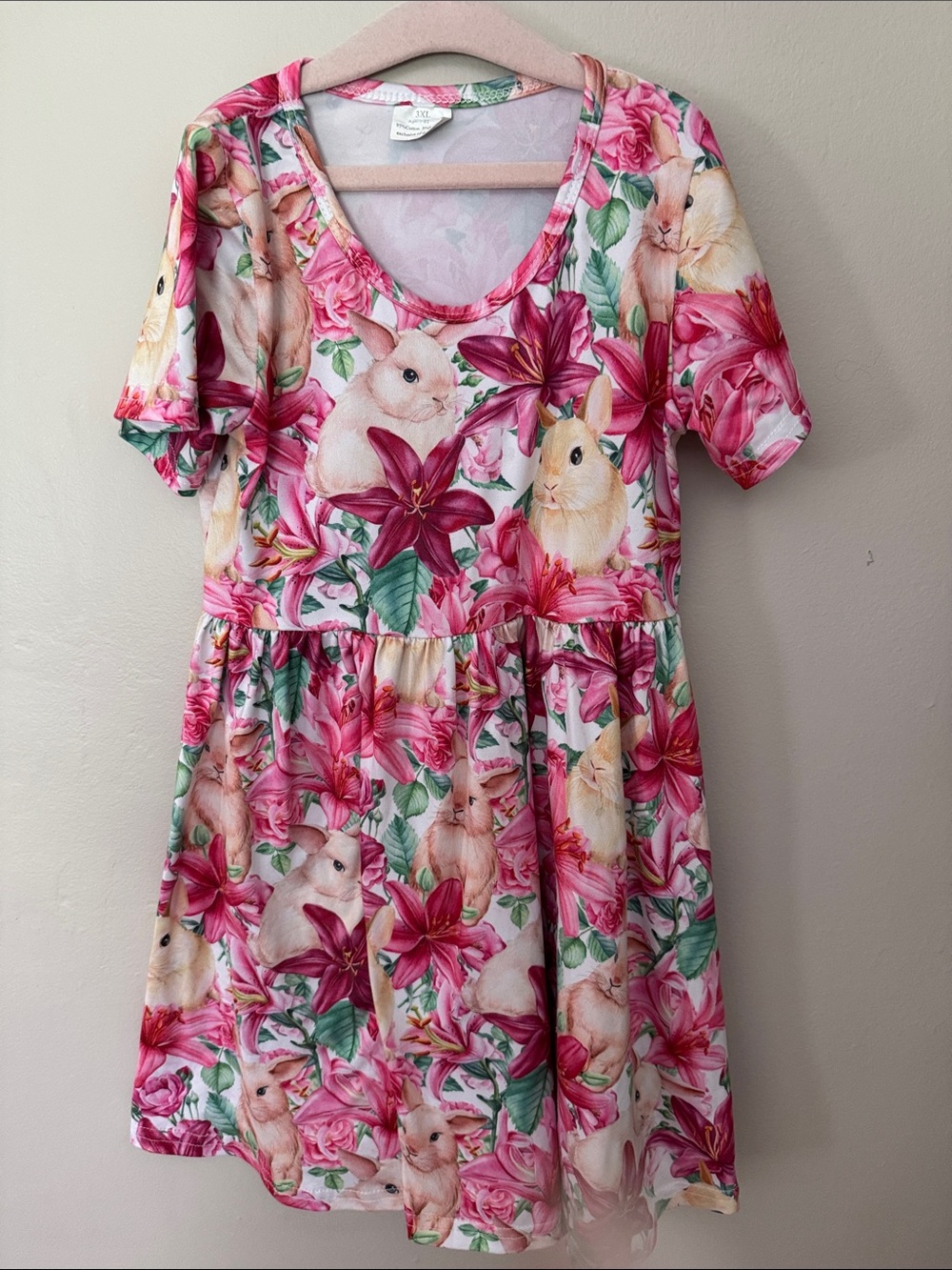 Girls (Hunnybee) Pink Floral & Bunny Print Short Sleeve Dress